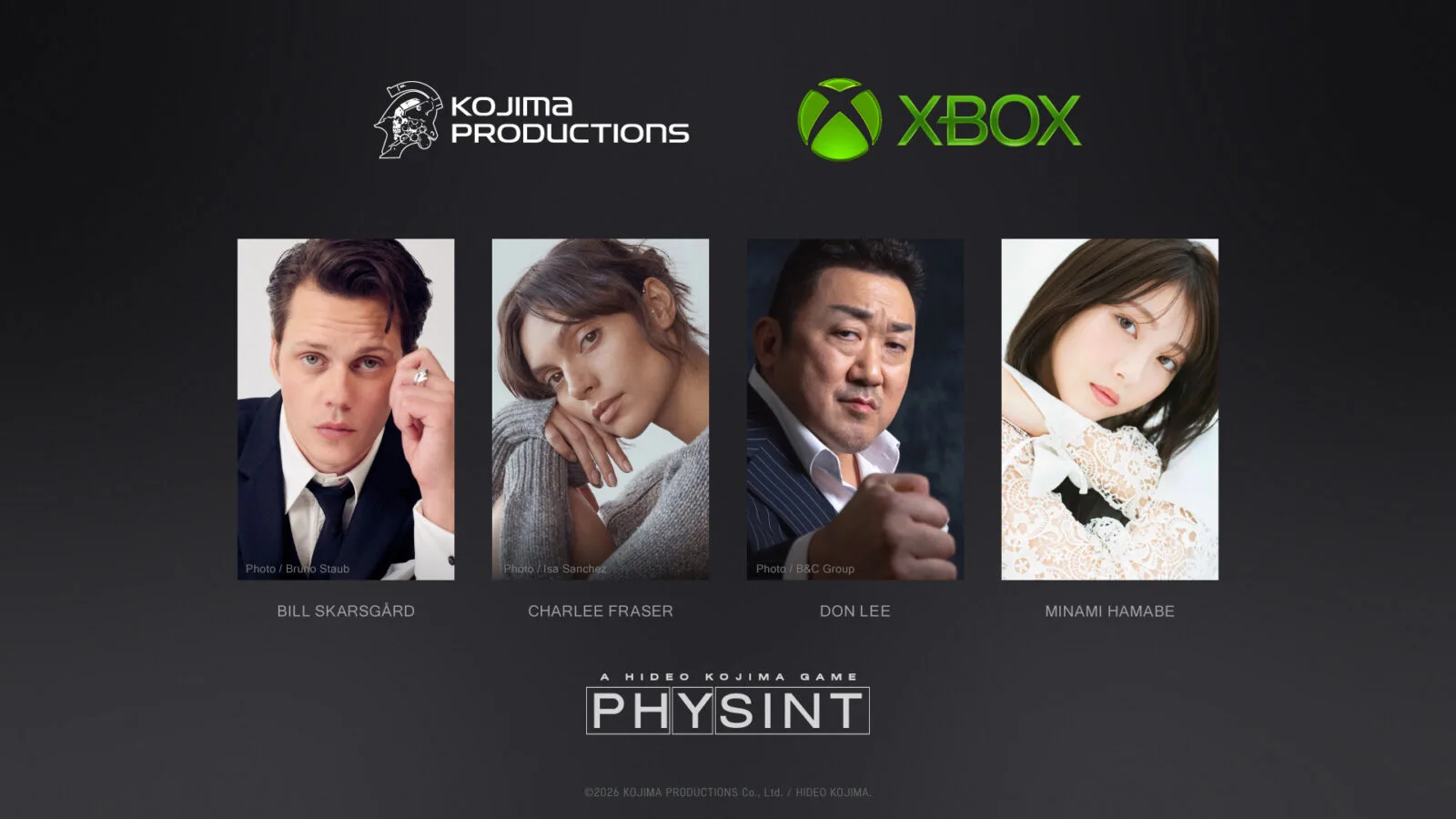 PHYSINT 출연진 공개 이미지 - 빌 스카스가드, 샬리 프레이저, 마동석, 하마베 미나미 네 배우의 인물 사진이 나란히 배치된 모습, 상단에 고지마 프로덕션과 Xbox 로고