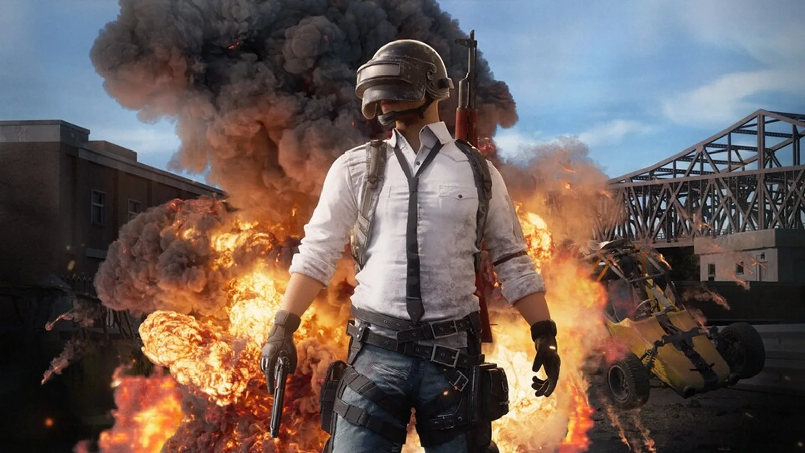 PUBG 배틀그라운드 캐릭터가 불타는 건물과 폭발 잔해를 등지고 권총을 든 채 걸어가는 공식 키아트