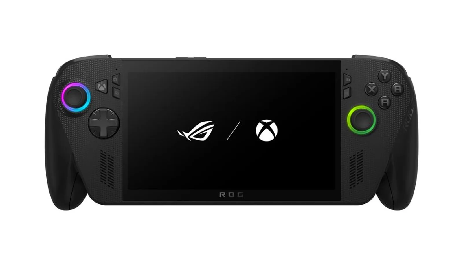 ROG Xbox Ally X 핸드헬드 정면 모습, 화면에 ROG 로고와 Xbox 로고가 나란히 표시돼 있다