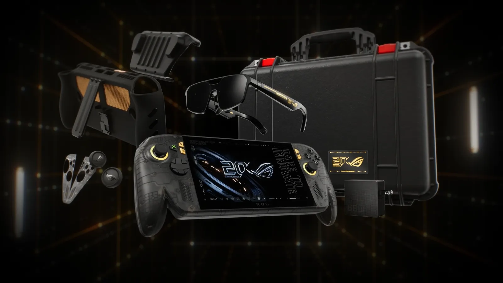 ROG Xbox Ally X20 번들 구성품 — 본체, 그립 케이스, AR 글래스, 펠리칸 케이스, 어댑터