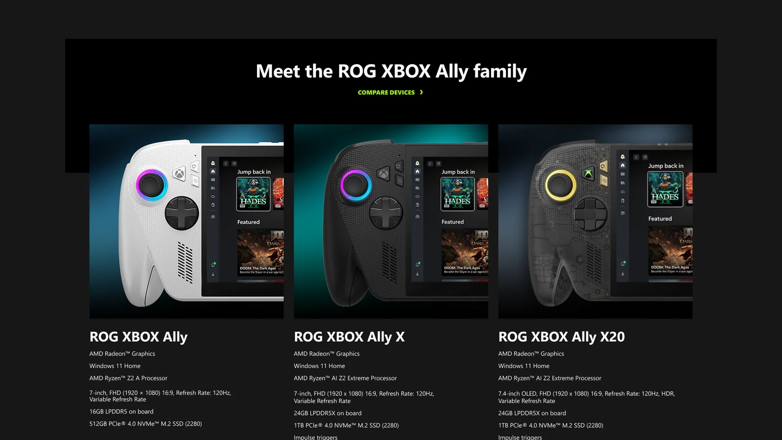 ROG Xbox Ally, Ally X, Ally X20 3종 스펙 비교 이미지