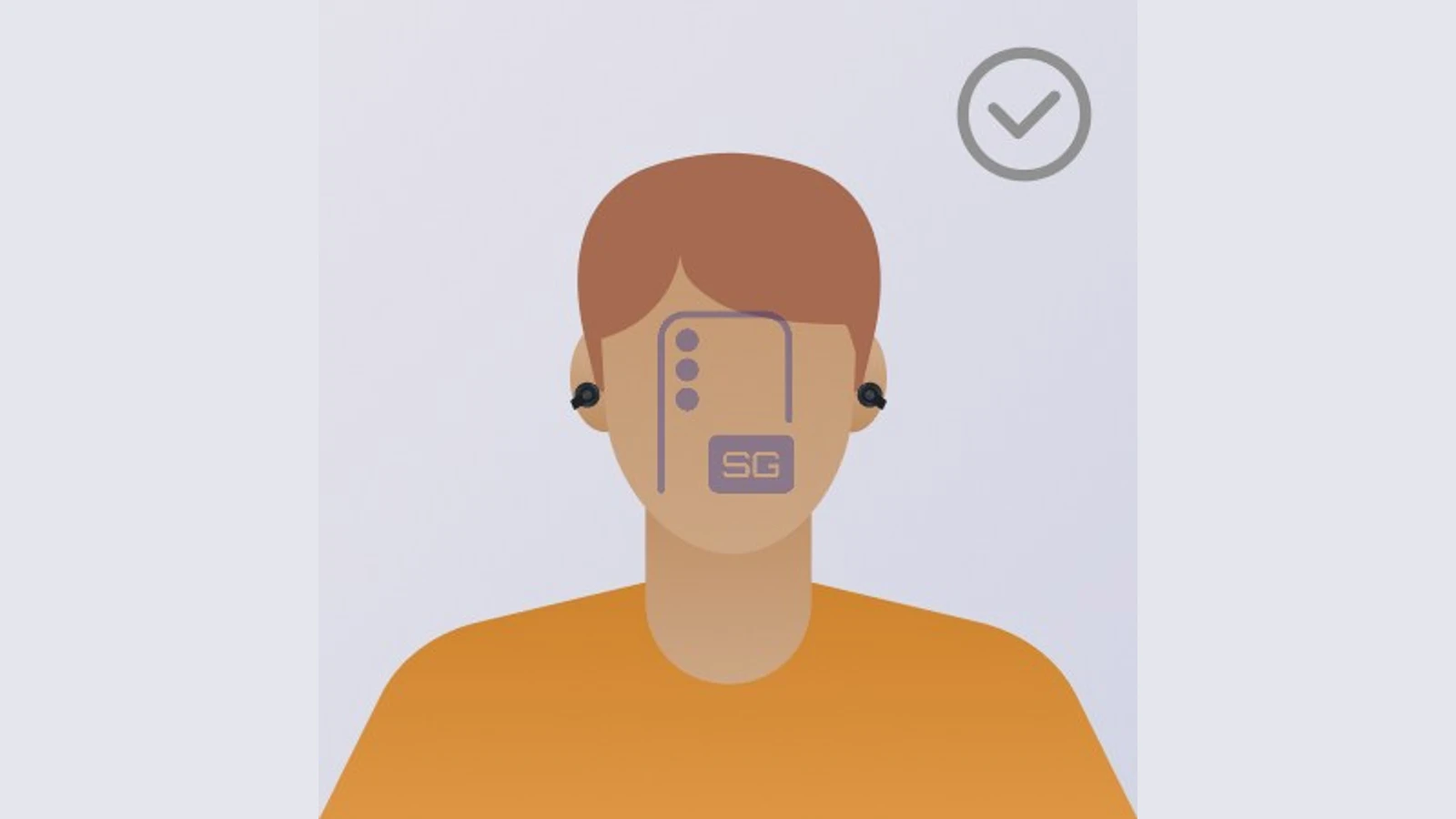 갤럭시 버즈 온 헤드 제스처 기능을 보여주는 유출 다이어그램 - 귀에 이어폰을 낀 사람 머리 위에 체크 표시 아이콘