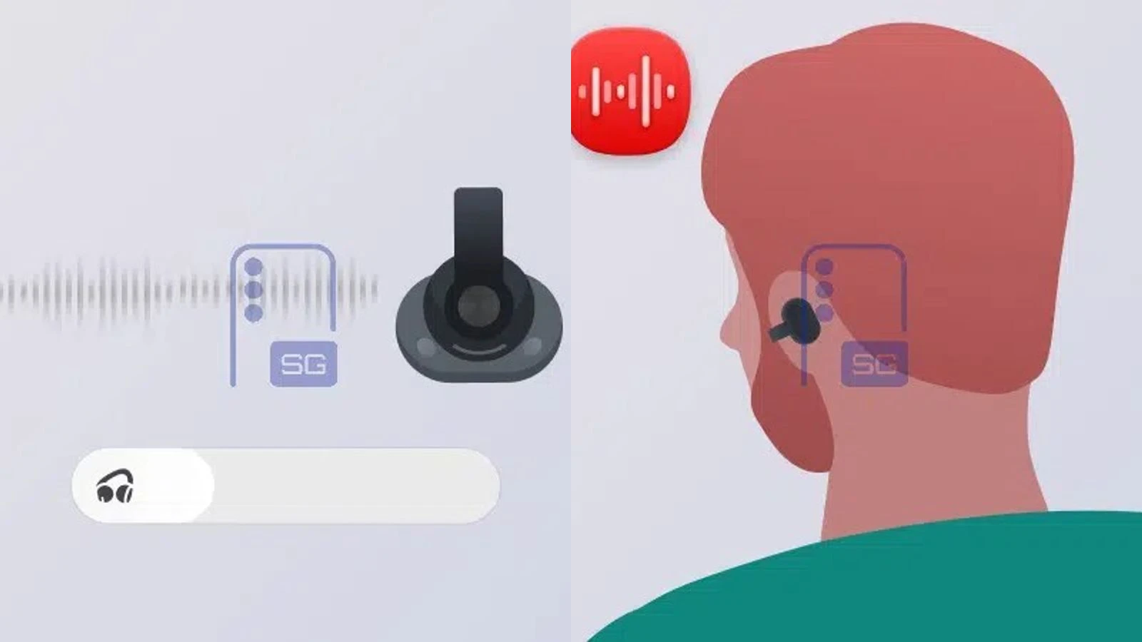 갤럭시 버즈 온 스마트 기능을 보여주는 유출 다이어그램 - 왼쪽은 자동 음량 조절 파형, 오른쪽은 음성 메모 녹음 아이콘과 이어폰을 착용한 사람의 뒷모습
