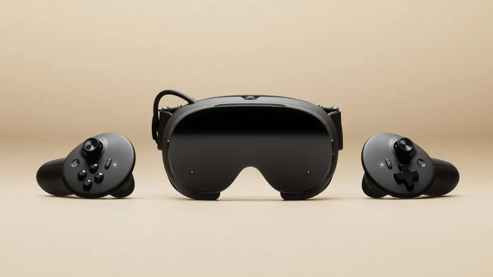 밸브 스팀 프레임 VR 헤드셋과 좌우 컨트롤러 정면 구성 사진