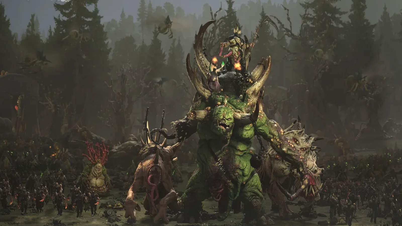 토탈 워 워해머 3 글롯 일족 DLC 화면 - 안개 낀 숲에서 뿔 달린 거대한 녹색 너글 괴수 위에 인물이 올라타 부하들을 이끄는 장면