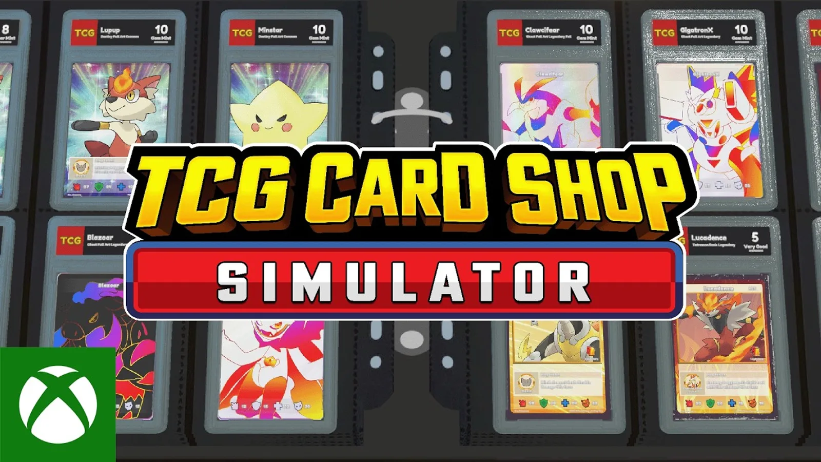 TCG 카드샵 시뮬레이터 출시 이미지 - 트레이딩 카드 진열대를 배경으로 게임 로고와 엑스박스 아이콘이 함께 표시된 모습