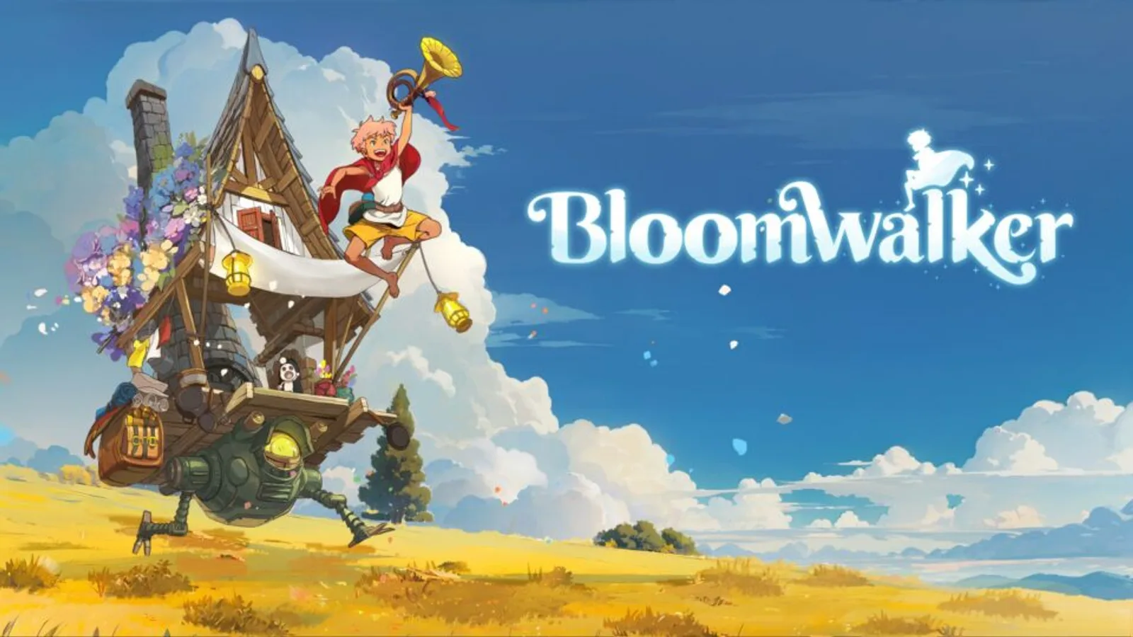 Bloomwalker 공식 키아트 - 파란 하늘을 배경으로 로봇 다리가 달린 이동식 집 위에 분홍 머리 소년 캐릭터가 나팔을 든 채 서 있는 모습