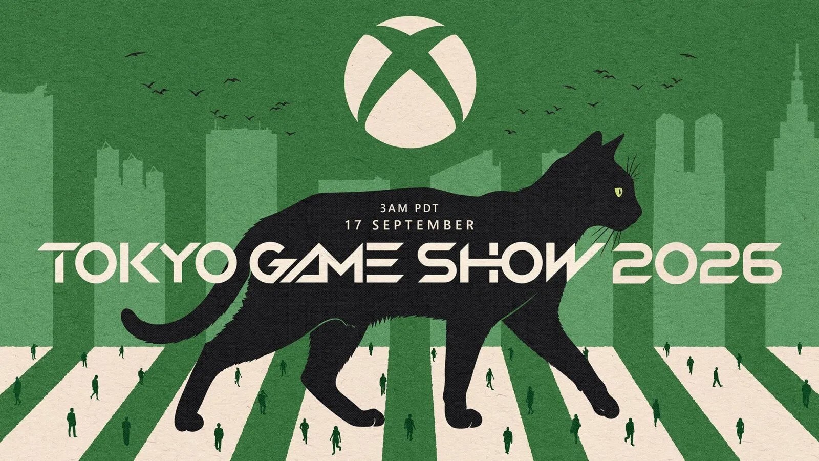 Xbox 도쿄게임쇼 2026 공식 키아트 - 초록색 배경에 횡단보도를 건너는 거대한 검은 고양이 실루엣, 상단에 Xbox 로고와 3AM PDT·17 SEPTEMBER·TOKYO GAME SHOW 2026 문구