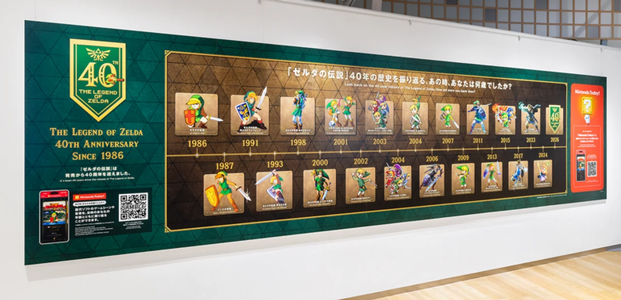 닌텐도 뮤지엄에 설치된 젤다의 전설 40주년 히스토리 보드 - 1986년부터 2026년까지 시리즈 연혁이 나열돼 있다